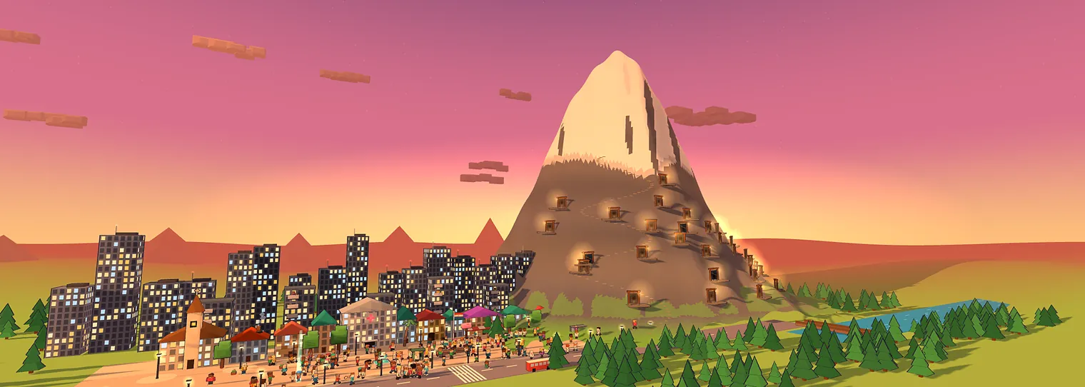 Valhalla: la ciudad y la montaña con los personajes picando su galería