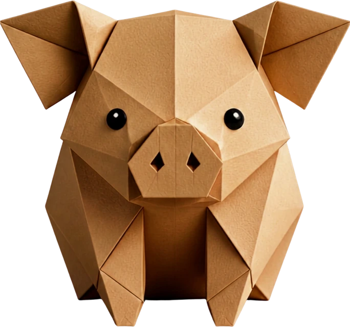 Cerdo marrón de origami, mascota del Memo Digital Inteligente